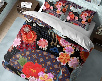 Plum Blossom Duvet Cover Japanese Flower Quilt Cover, Camellia Bedding Set Colorful Bedspread Girly Bedroom Blanket Cover