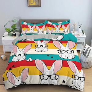 Nerdy Rabbit Colorful Bedding, Duvet Cover Set & Pillowcase, Zipper Bedding, Dorm Bedding, Teens Adult Duvet King Queen Full Twin Single
