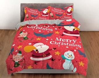 Santa Claus Cotton Duvet Cover Christmas Quilt Cover, Snowman Bedding Set Elf Blanket Cover, Holiday Bedspread Kids Bedcover