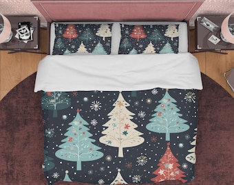 Colorful Christmas Tree Duvet Cover Set Nordic Style Holiday Quilt Cover, Christmas Bedding, Aesthetic Room Decor, Cotton Bedspread