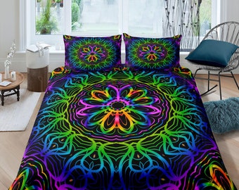 Psychedelic mandala duvet cover hippie bedding set full, queen, king, preppy dorm bedding, indie room decor, aesthetic bedspread y2k
