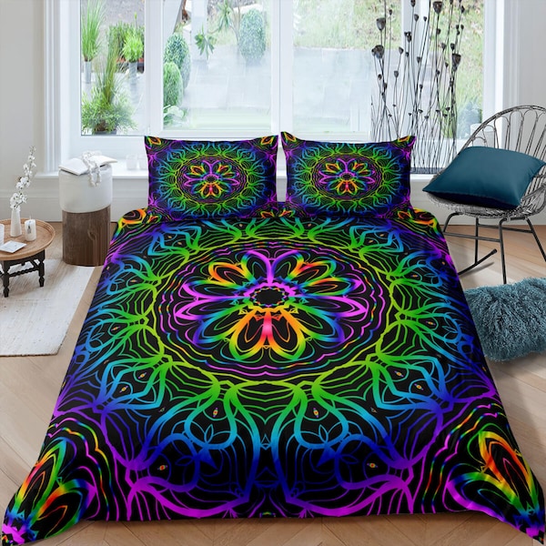 Psychedelic mandala duvet cover hippie bedding set full, queen, king, preppy dorm bedding, indie room decor, aesthetic bedspread y2k