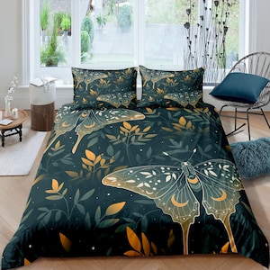 Celestial luna moth dark green bedding, witchy decor dorm bedding, aesthetic duvet, boho bedding set full king queen, astrology gothic art