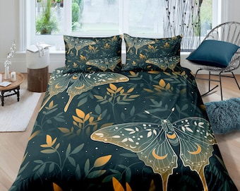 Celestial luna moth dark green bedding, witchy decor dorm bedding, aesthetic duvet, boho bedding set full king queen, astrology gothic art