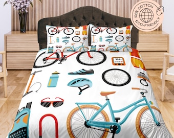 Bicycle Themed Duvet Cover Set, Gorgeous Cotton Bedding, Cute Quilt Cover, Aesthetic Bedspread for Dorm, Fun Bedroom Set, Soft bedspread