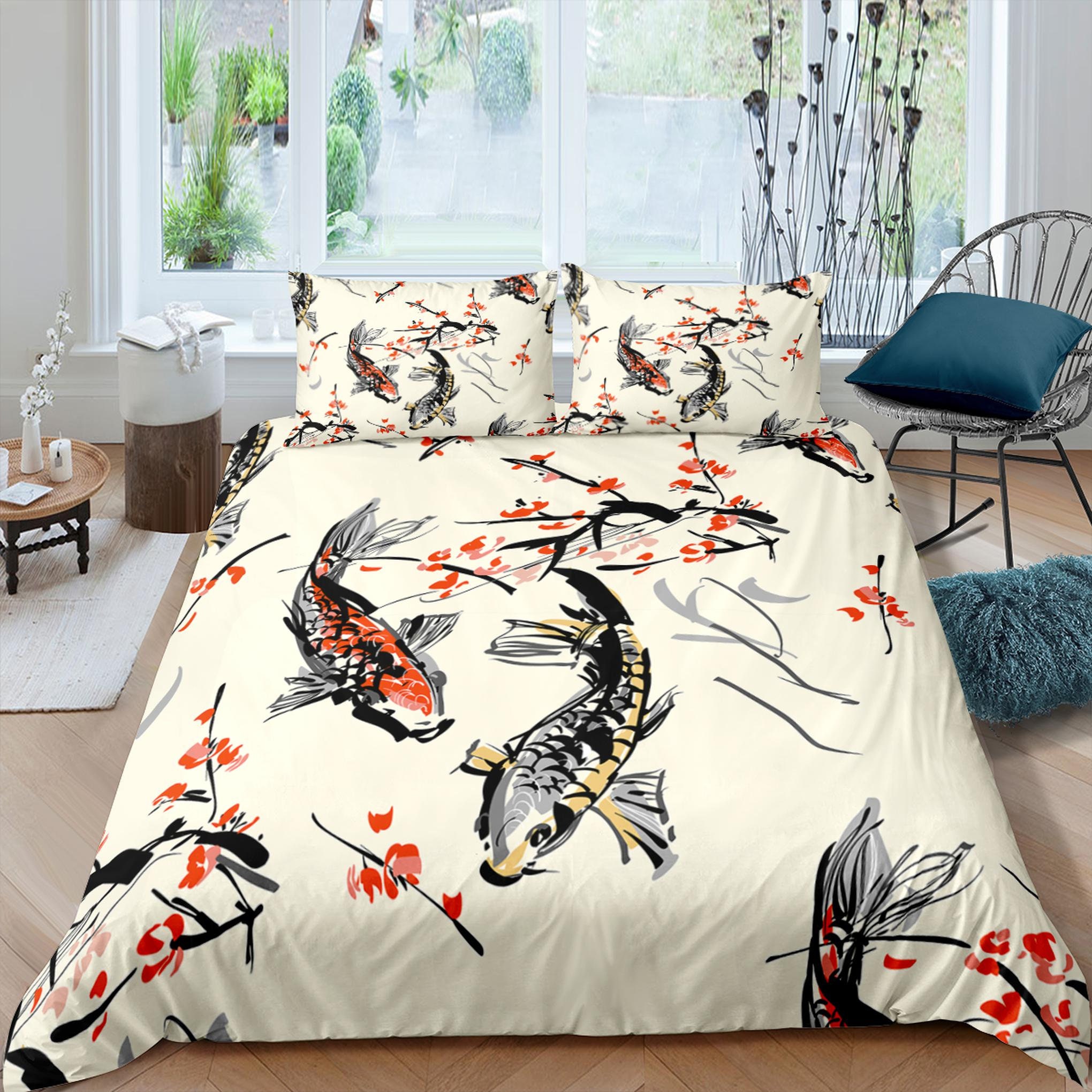 Koi Fish Oriental Bedding Artistic Painting Japanese Duvet Cover Set for King Queen Full Twin Toddler Zipper Bedding Aesthetic Duvet Etsy UK