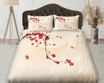 Beige Bedding, Cherry Blossoms Fitted Bedsheet Deep Pocket, Floral Prints, Aesthetic Boho Bedding Set, Dorm Bedding, Shabby Chic Bedding