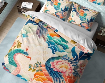 Basan Quilt Cover Japanese Mythical Bird Duvet Cover, Colorful Bedding Set Oriental Pattern Bedspread, Teens Bedroom Blanket Cover