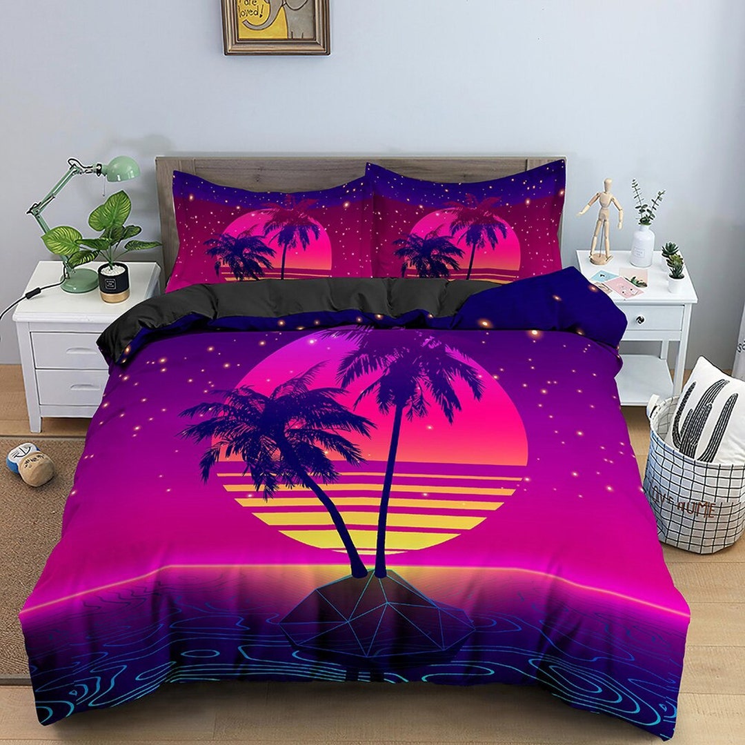 Vaporwave Sunset in Tropical Beach Bedding, Cool Hippie Pink Purple Duvet  Cover Set, Trippy Psychedelic Bed Cover 90s Nostalgia Unisex