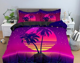 Vaporwave Sunset in Tropical Beach Bedding, Cool Hippie Pink Purple Duvet Cover Set, Trippy Psychedelic Bed Cover 90s Nostalgia Unisex