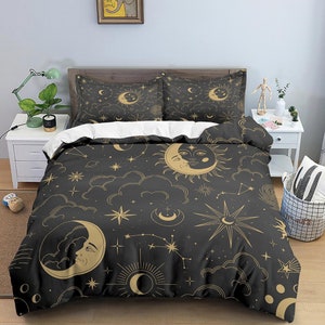 Celestial black crescent moon bedding bronze witchy decor dorm bedding, aesthetic duvet, boho bedding full king queen, astrology gift gothic