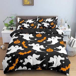 Retro halloween bedding & pillowcase, ghost and pumpkin duvet cover set dorm bedding, halloween decor, toddler bedding, halloween gift