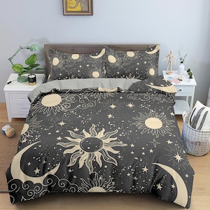 Celestial bedding black grey, witchy decor dorm bedding, aesthetic duvet, boho bedding set full king queen, astrology gifts, sun and moon