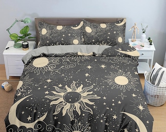 Celestial bedding black grey, witchy decor dorm bedding, aesthetic duvet, boho bedding set full king queen, astrology gifts, sun and moon