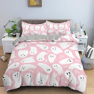 Cute baby ghost pink halloween full size bedding & pillowcase, duvet cover set dorm bedding, halloween decor gift, nursery toddler bedding