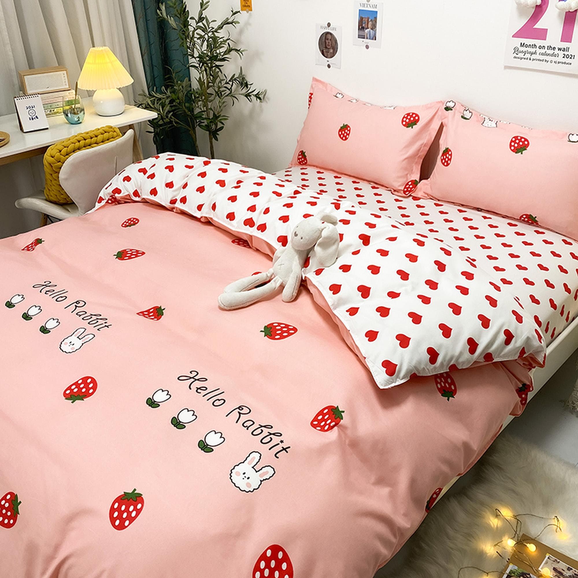 Cute Bedding for Kids With Strawberry and Bunny Peach Colored - Etsy Sweden