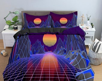 Dark Colored Vaporwave Bedding With Mountains and Sunset, Cool