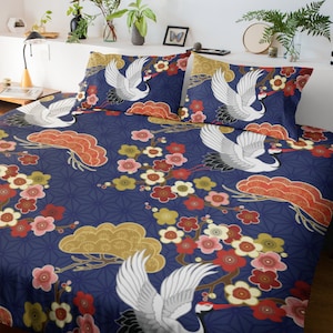 Blue Japanese duvet cover set, crane bird, cherry blossom, floral prints, kimono bedspread, oriental boho zipper bedding, Japanese patterns