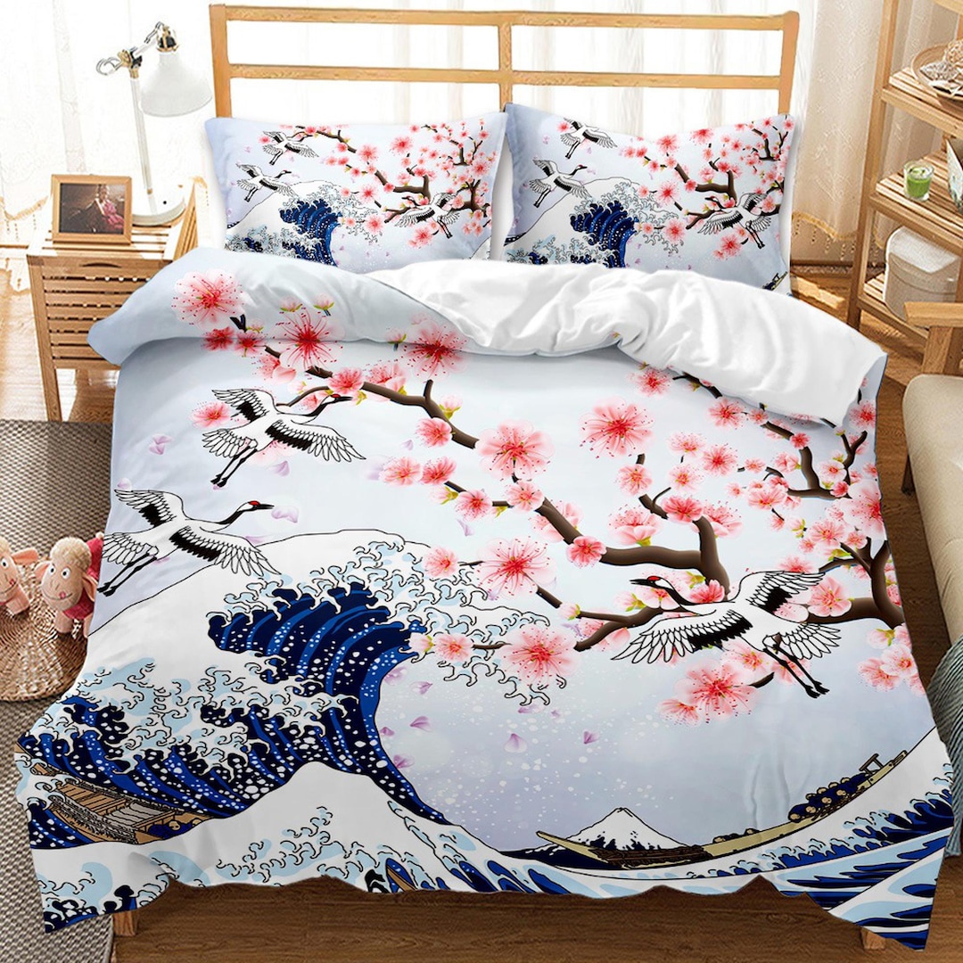 Great Wave off Kanagawa Oriental Bedding, Cherry Blossoms and Ocean