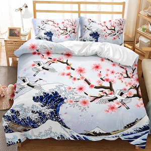 Great wave off Kanagawa oriental bedding, Cherry blossoms and ocean waves on Japanese duvet cover set for king, queen, full, twin, single