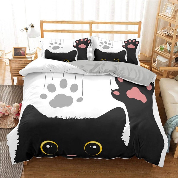 Cute Black Cat Bedding, Toddler Bedding, Kids Duvet Cover Set, Gift for Cat Lovers, Baby Bedding, Baby Shower Gift, Waving Cat, Paw Print