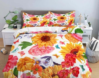 summer sunflower floral duvet cover colorful bedding, teen girl bedroom, baby girl crib bedding boho maximalist bedspread aesthetic bedding