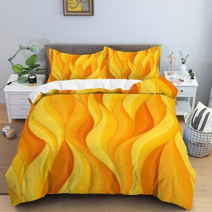 Mid century modern bedroom art set orange yellow duvet cover, aesthetic room decor boho chic bedding set full, colorful maximalist retro
