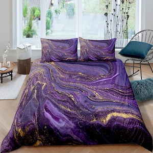 Deep purple with gold tint contemporary bedroom set aesthetic duvet cover, marble abstract art decor boho chic bedding set full king queen
