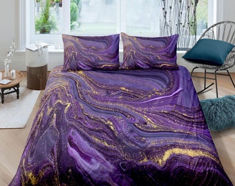 Deep purple with gold tint contemporary bedroom set aesthetic duvet cover, marble abstract art decor boho chic bedding set full king queen