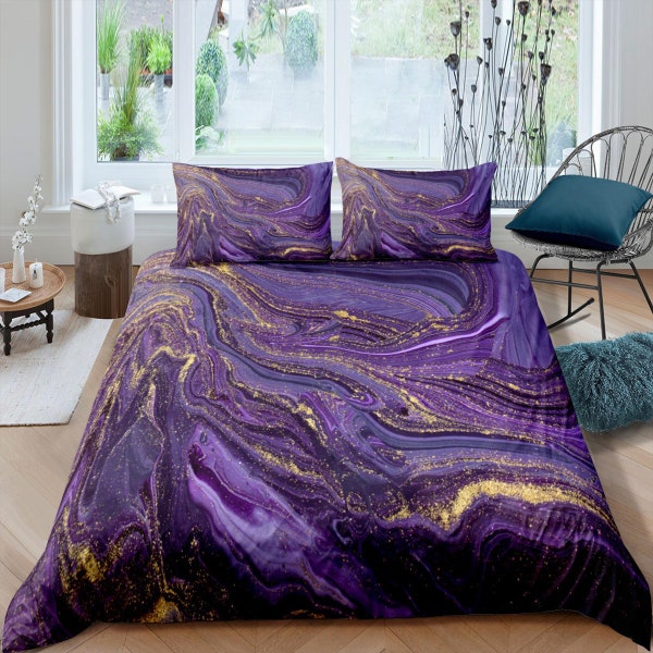 Deep purple with gold tint contemporary bedroom set aesthetic duvet cover, marble abstract art decor boho chic bedding set full king queen