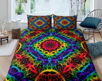Funda nórdica psicodélica arcoíris, juego de cama hippie para cama matrimonial, queen, king, ropa de cama preppy para dormitorio, decoración de habitación indie, colcha estética y2k