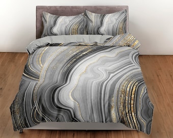 Gray marble swirl cotton duvet cover liquid art quilt cover, minimalist bedding set artistic blanket cover, adults bedroom bedspread
