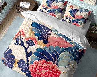 Red Dahlia Duvet Cover Oriental Pattern Quilt Cover, Floral Bedding Set Plant Lover Room Blanket Cover, Girls Bedroom Bed Cover
