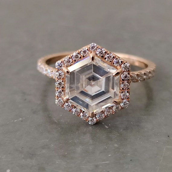 1CT Hexagon Shape Halo Engagement Ring 14k/10k Solid Gold Etsy