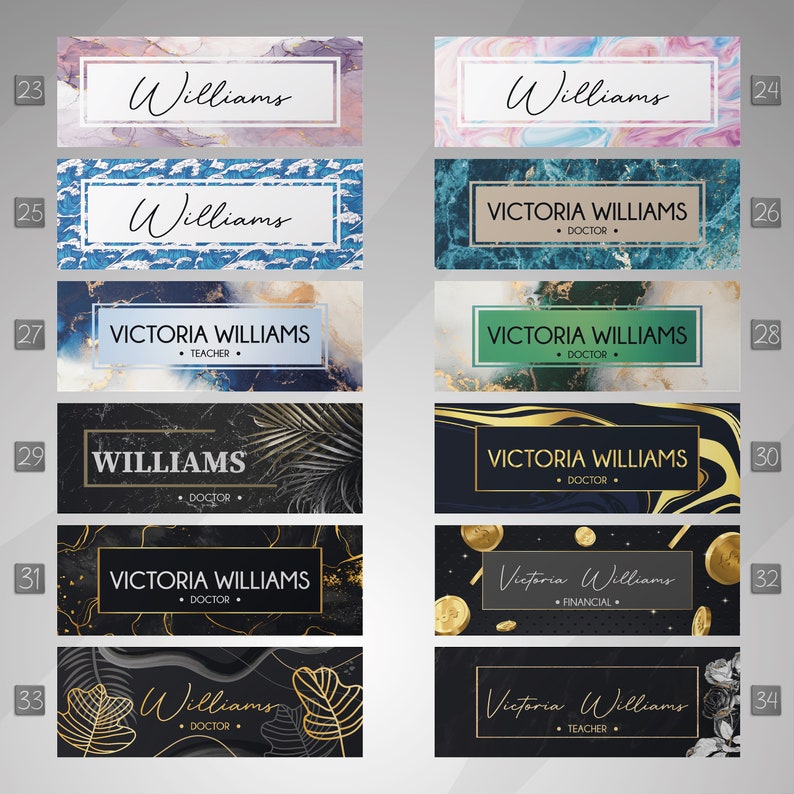 May include: A set of 12 digital name card templates with various backgrounds and designs. The templates feature the name "Williams" and "Victoria Williams" with different titles such as "Doctor", "Teacher", and "Financial".