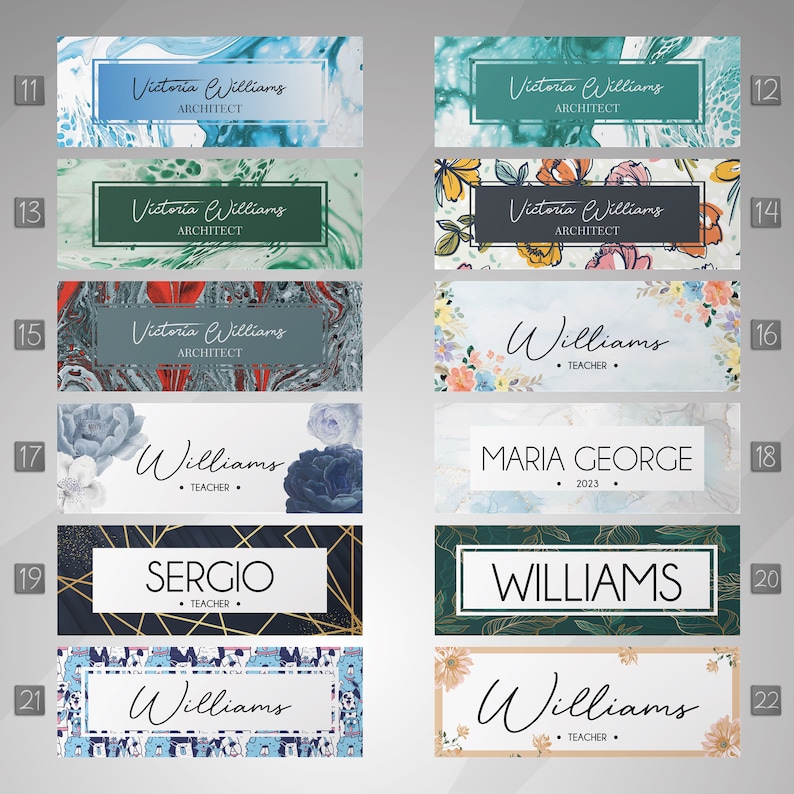 May include: A set of 11 digital name cards with various backgrounds and designs. The cards feature names like Victoria Williams, Williams, Sergio, and Maria George. Some cards include the title "Architect" or "Teacher".