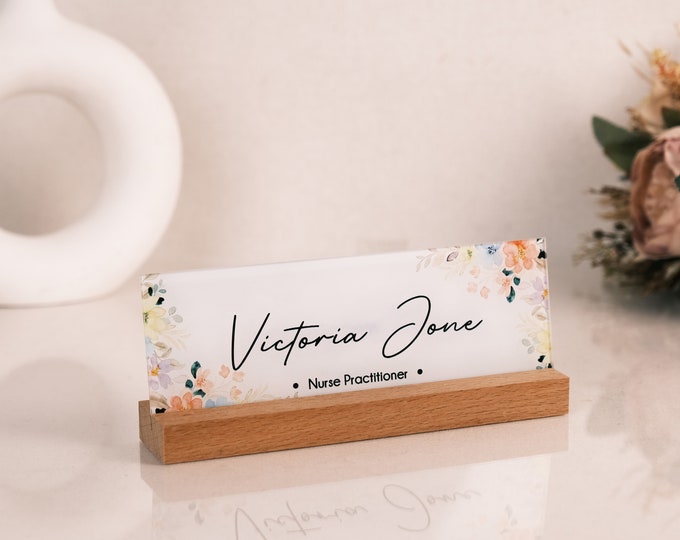 Personalized Acrylic Desk Name Plate: Floral Office Decor for Women Professional Gift for Boss Christmas