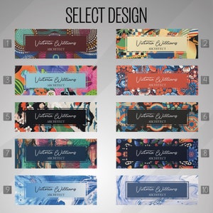May include: Ten different business card designs featuring various colorful patterns and the text "Victoria Williams Architect".