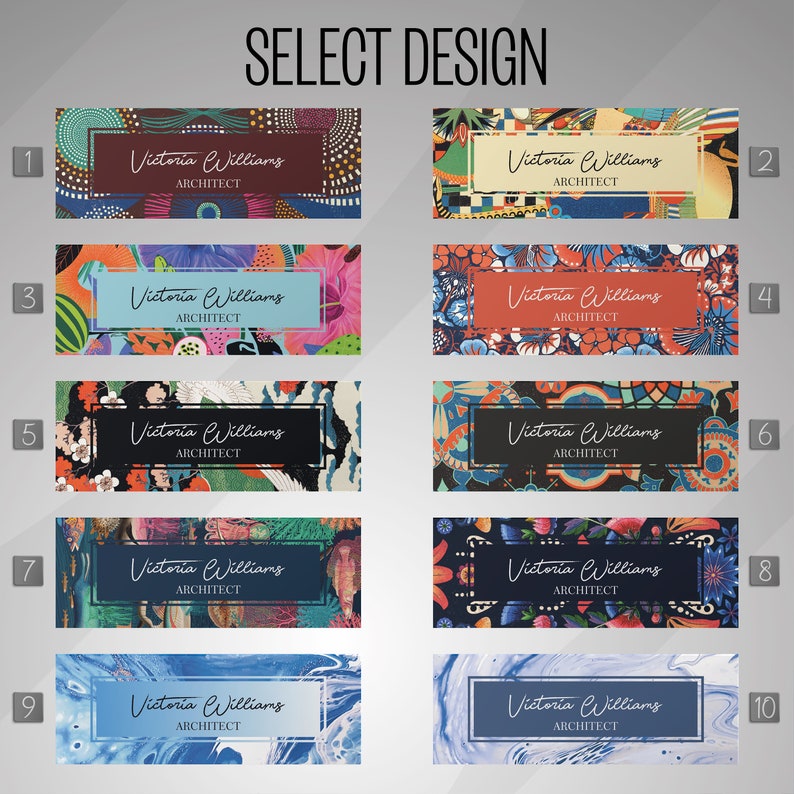 May include: Ten different business card designs featuring various colorful patterns and the text "Victoria Williams Architect".