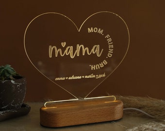 Personalized Heart Acrylic LED Night Light for Mom, Mother’s Day Gifts, Refined Gift for Mom, Custom Name Room Lamp, Birthday gift for Mom
