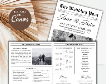 Wedding Newspaper Template Program |  Canva  Editable Wedding Newspaper Program | Printable Wedding Infographic, Wedding Timeline, Menu,