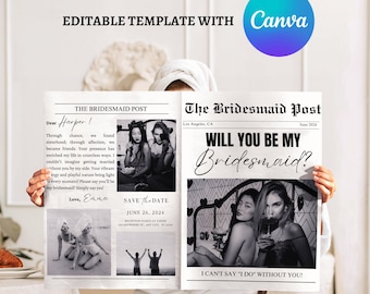 Bridesmaid Proposal Newspaper | Editable Canva Template | Custom Newspaper Flower Bouquet Wrap |  Will You Be My Bridesmaid Proposal Card
