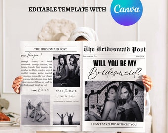 Bridesmaid Proposal Newspaper | Editable Canva Template | Custom Newspaper Flower Bouquet Wrap |  Will You Be My Bridesmaid Proposal Card