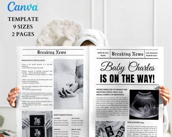 Pregnancy Announcement Newspaper Template: Editable Canva Baby Reveal (Digital Download)