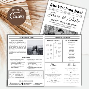 May include: A black and white wedding announcement with a newspaper design. The announcement features the couple's names, "Jane & Julio", and the date of the wedding, "August 3, 2024". The announcement also includes a wedding timeline, a list of the wedding party, and a menu for the reception.
