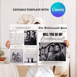 Brautjungfer Vorschlag Zeitung | Bearbeitbare Canva Vorlage | Benutzerdefinierte Zeitung Blumenstrauß Wrap | Willst du meine Brautjungfer Vorschlag Karte sein