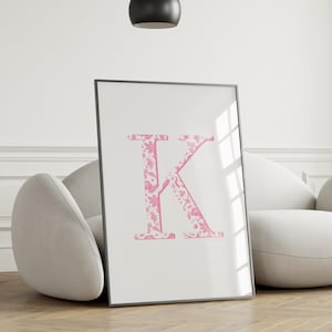 Impresión de letras florales rosas personalizadas, póster con monograma chinoiserie personalizado, arte de pared con iniciales de estilo vintage, impresión de nombre personalizada, regalo para ella
