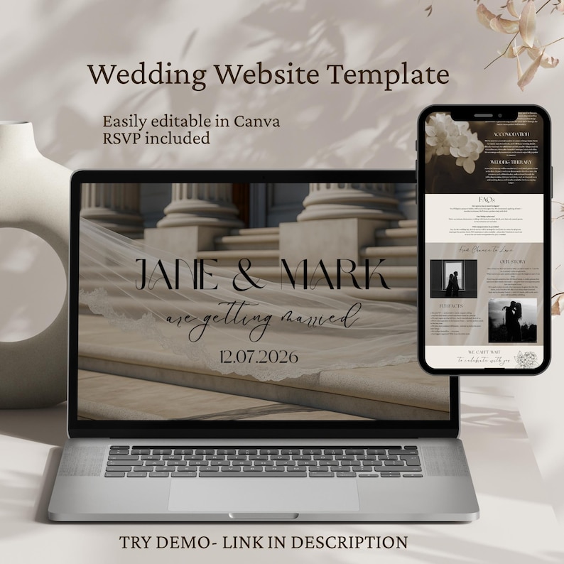 Elegant Ivory Wedding Website Template Modern Canva Design (digital