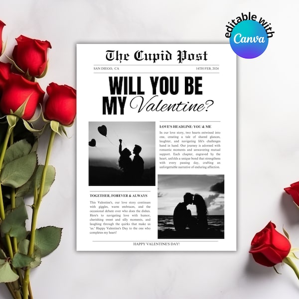 Valentines Cupid Post Newspaper | Editable Canva Template | Custom Newspaper Template | Will You Be My Valentine | Printable Flower Wrap