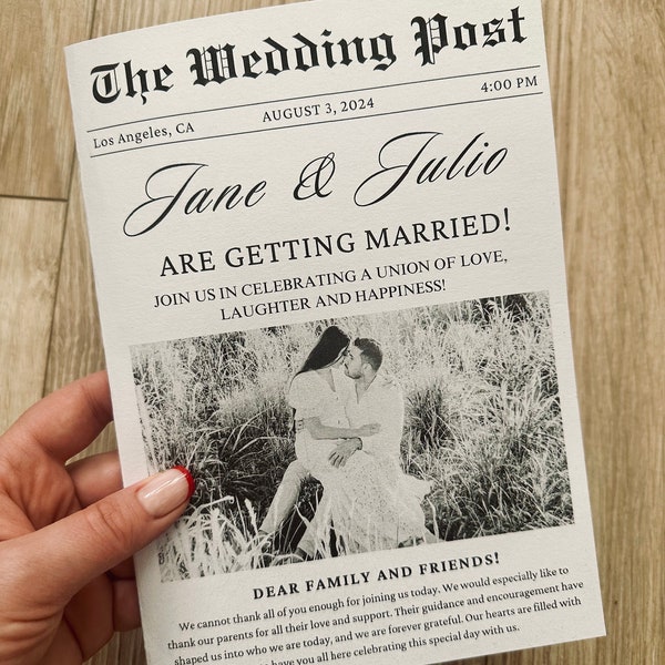 Wedding Newspaper Template Program |  Canva  Editable Wedding Newspaper Program | Printable Wedding Infographic, Wedding Timeline, Menu,